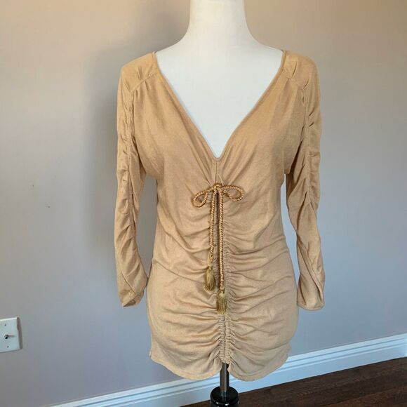 NWOT ALBERTA FERRETTI Fine Knit 3/4 Sleeve Beige Top SZ IT 48/US 10 - Picture 1 of 8